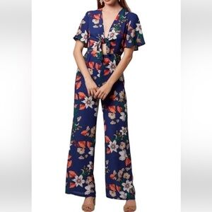 Lush New Medium Floral Navy Cottage Core Jumpsuit with Cut Outs